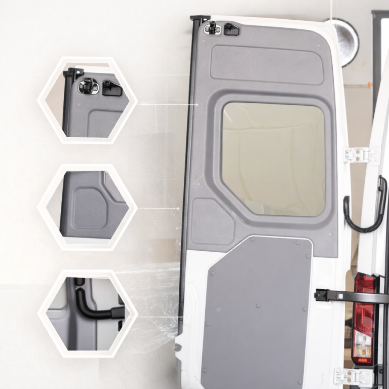 Close-up of a grey vehicle door with three hexagonal inset images displaying details.